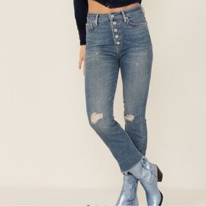 7 For All Mankind The Ultra High Rise Slim Kick Distressed Blue Cropped Jeans